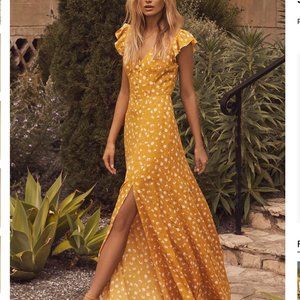 Lulu's Fresh Picked Mustard Yellow Floral Print Backless Maxi Dress S